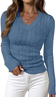 PRETTYGARDEN Womens Cable Knit Fitted V Neck Sweaters Tops