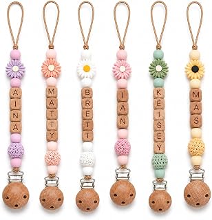 Personalized Pacifier Clip with Name, Flower Bead Baby Pacifier Holder | Custom Pacifier Clip with Name, Wooden Letter Beads, Crochet & Flower Details, Cute Binky Clip for Everyday Baby Essentials