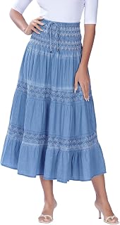 DREFBUFY Womens Denim Skirt High Waist Pleated Tiered Long Skirts Maxi Casual Style Jean Dress for Women