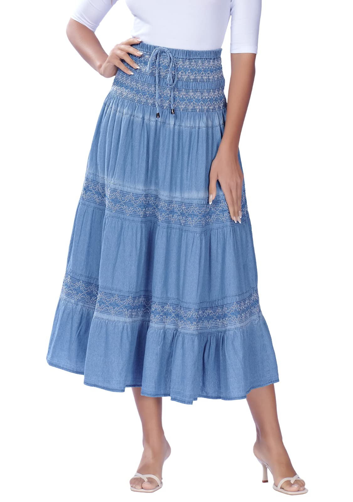 DREFBUFY Womens Denim Skirt High Waist Pleated Tiered Long Skirts Maxi Casual St