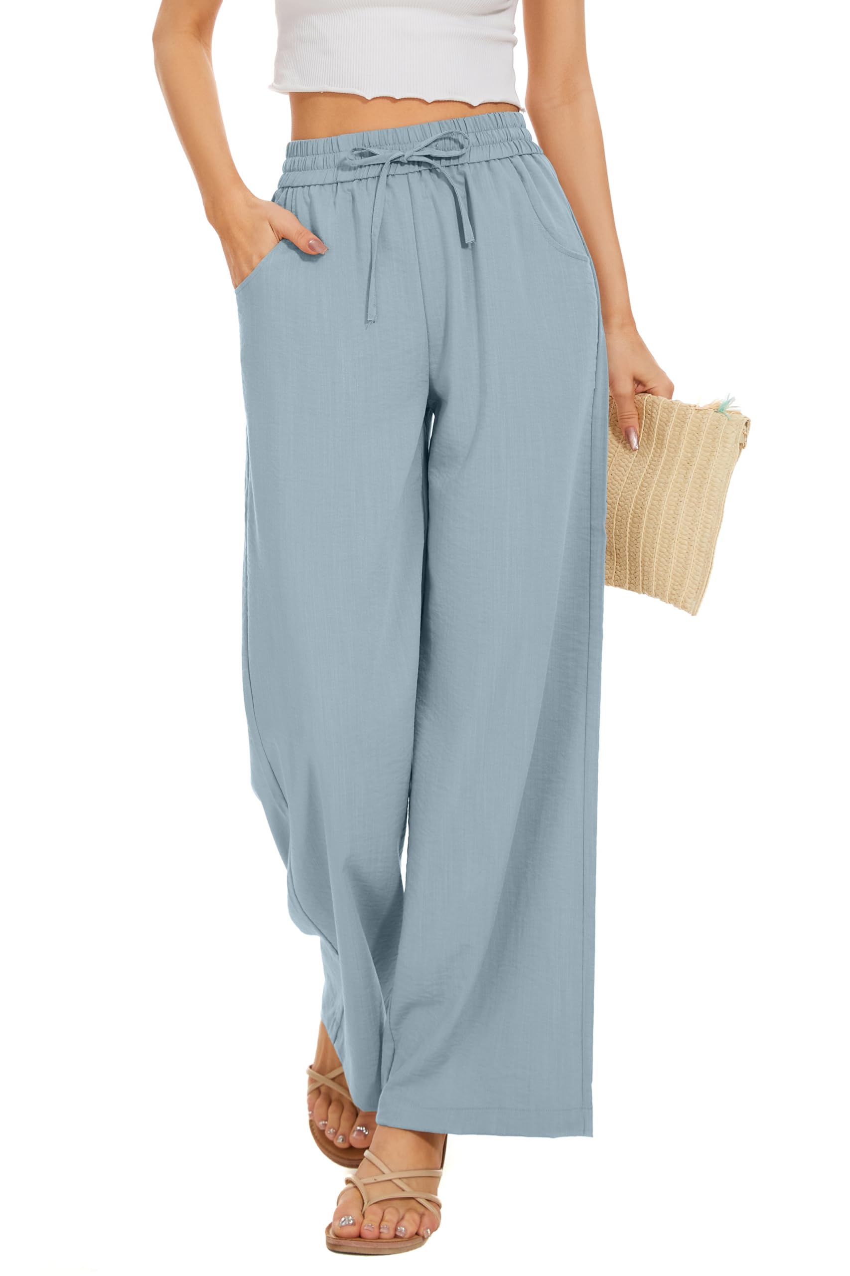 KICZOY Flowy Women's Drawstring Waist Wide Leg Palazzo Beach Pants Loose Fit wit