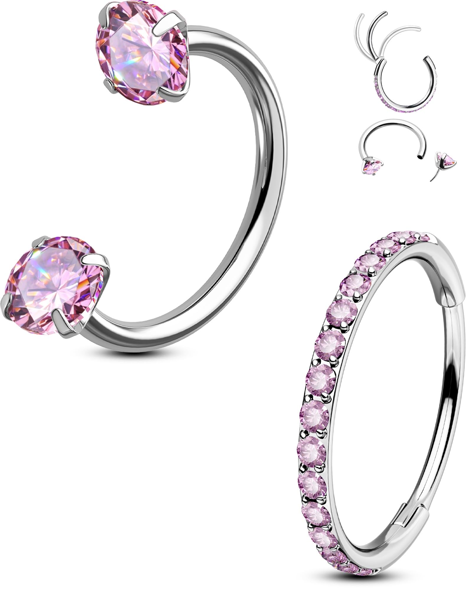 OUFER 2PCS Nose Rings Hoops, 20g Double Gem Horseshoe Nose Rings for Women, Thre