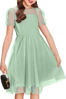 Arshiner Girls Dress Contrast Mesh Puffy Short Sleeve A Line Casual Party Dress 3-12 Years
