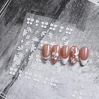 2pcs Embossing White Flower Butterfly Vine 5D Nail Stickers Self Adhesive Women Summer Minimalist Nail Art Design DIY Decoration Accessories