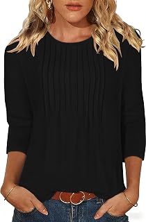 rosemia Womens Tops 3/4 Length Sleeve Blouses Dressy Casual Pleated Front T Shirts Loose Fit Tunic