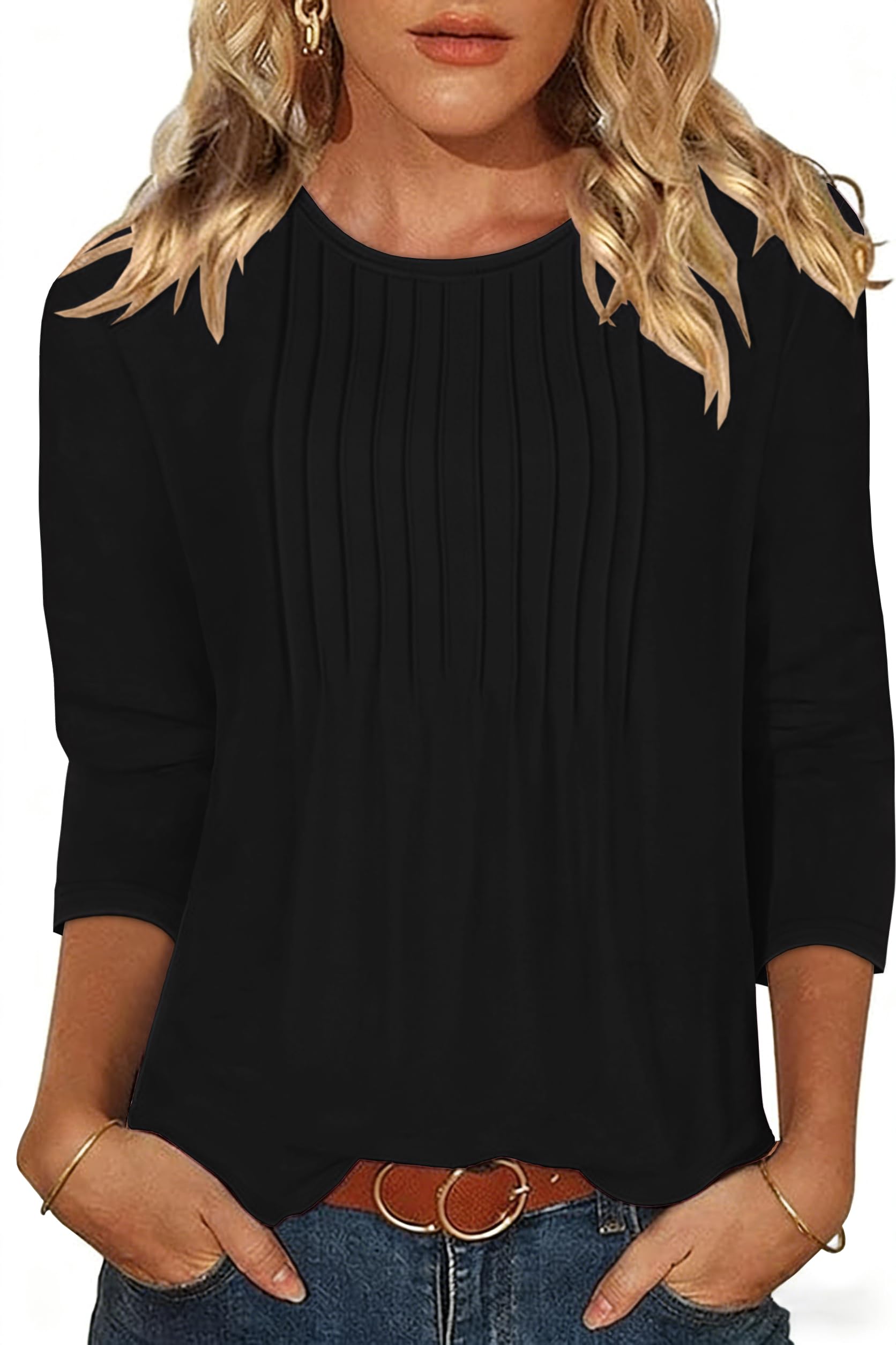 rosemia Womens Tops 3/4 Length Sleeve Blouses Dressy Casual Pleated Front T Shir