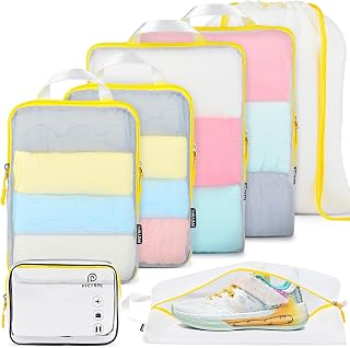 PFEYRPK Compression Packing Cubes Travel Essentials with See Through Mesh for Suitcases,Expandable Packing Organizers 7 Set with Clear Toiletries and Shoe Bag for Carry on Luggage.