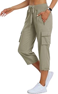 MoFiz Women's Cargo Capris Hiking Pants Lightweight Quick Dry Outdoor Athletic Travel Casual Loose Comfy Cute Zipper Pockets