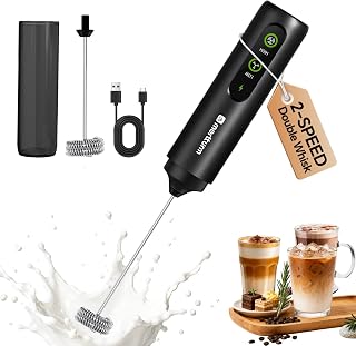 MERTTURM Electric Milk Frother Handheld, Rechargeable Portable Coffee Frother Whisk, Stainless Steel Dual Spring Whisk&2-Speed&Storage Cover, Detachable Mini Foam Maker Drink Mixer for Coffee Matcha
