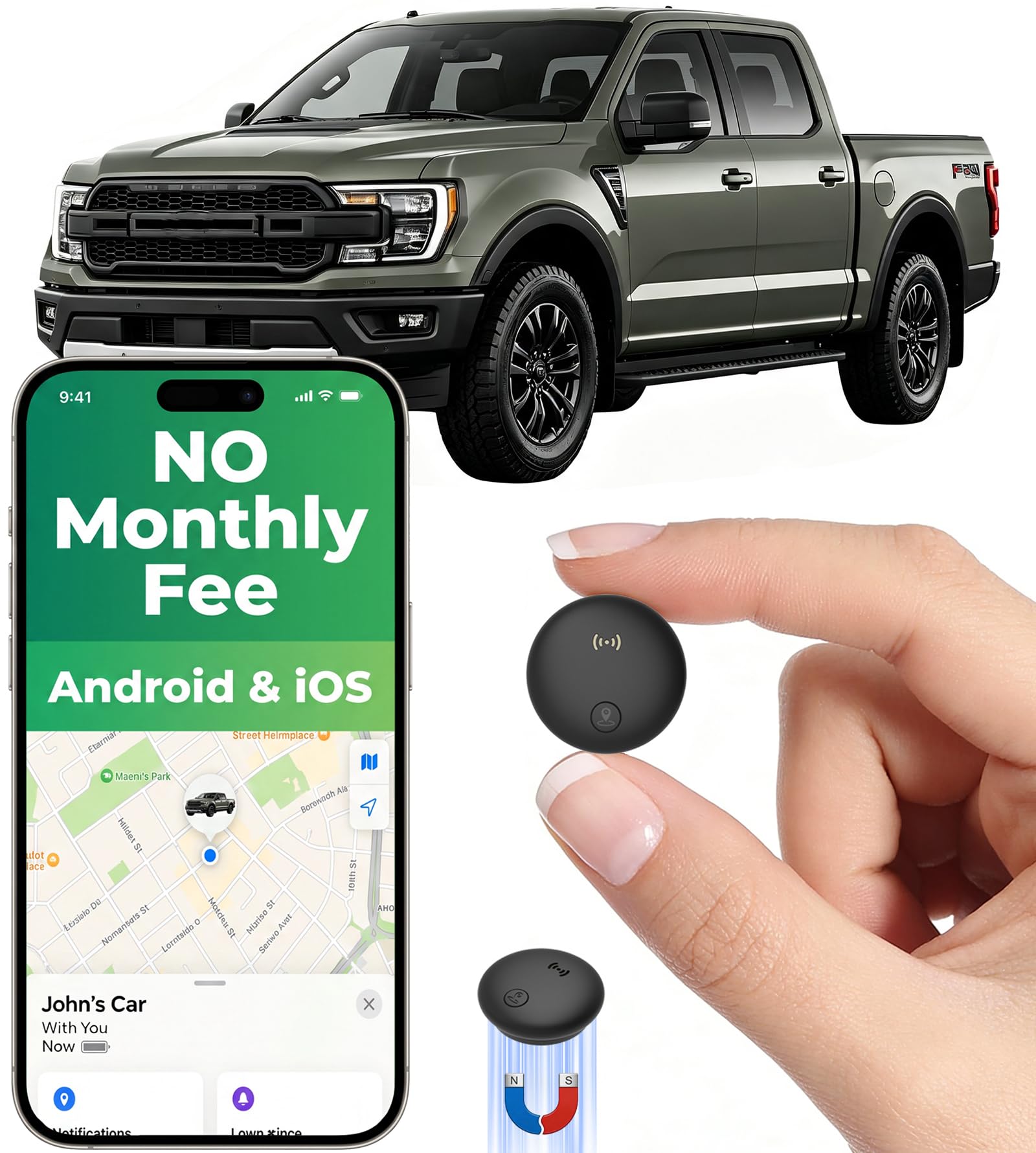 GPS Tracker for Vehicles, Real-Time Tracking for Android & iOS w/Magnetic | No M