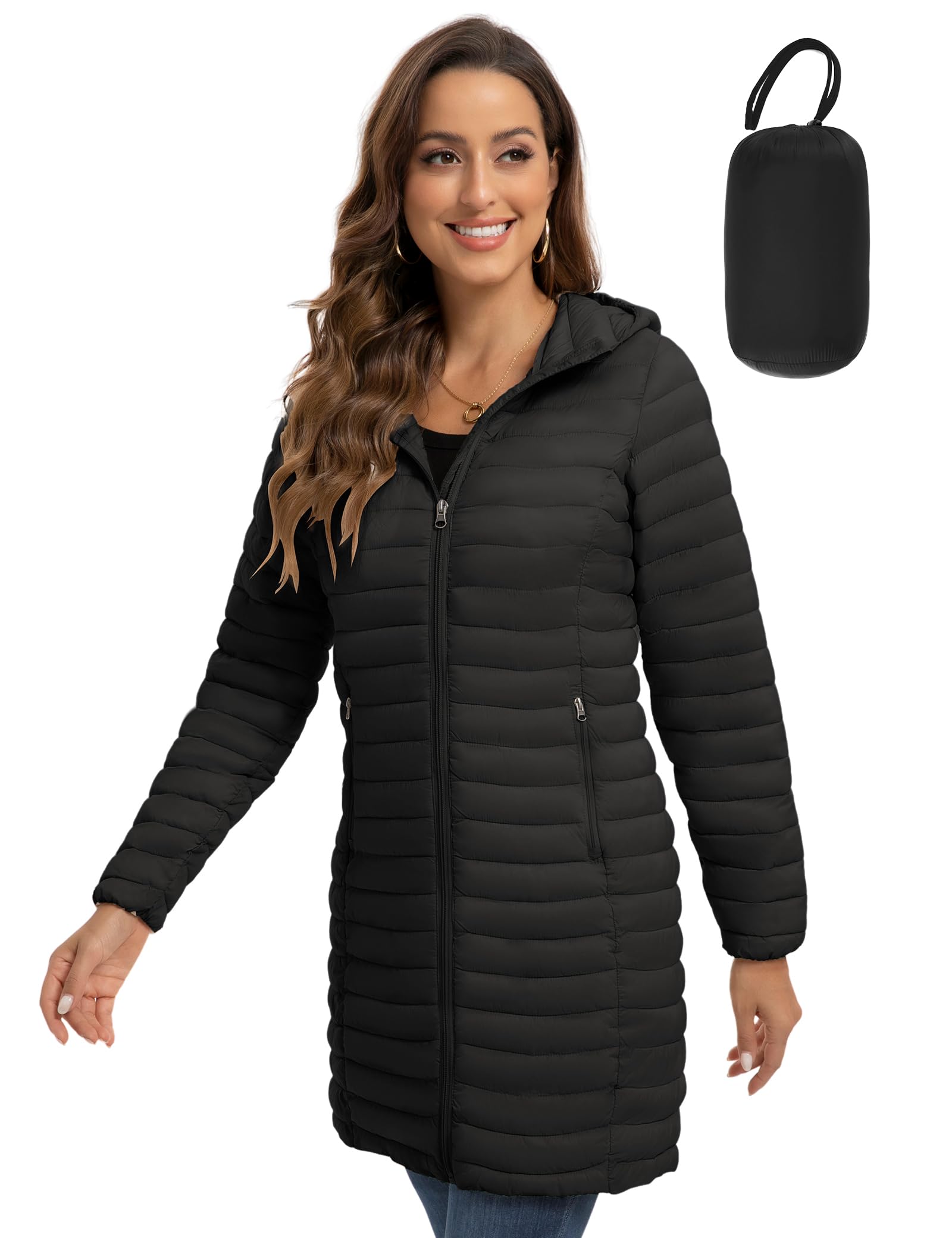 ROYAL MATRIX Packable Puffer Jacket for Women Lightweight Hooded Quilted Long Tr