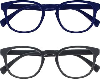 OPULIZE Pop 2 Pack Retro Round Blue Matte Smooth Grey Men Women Reading Glasses Spring Hinges RR2-37 +2.50