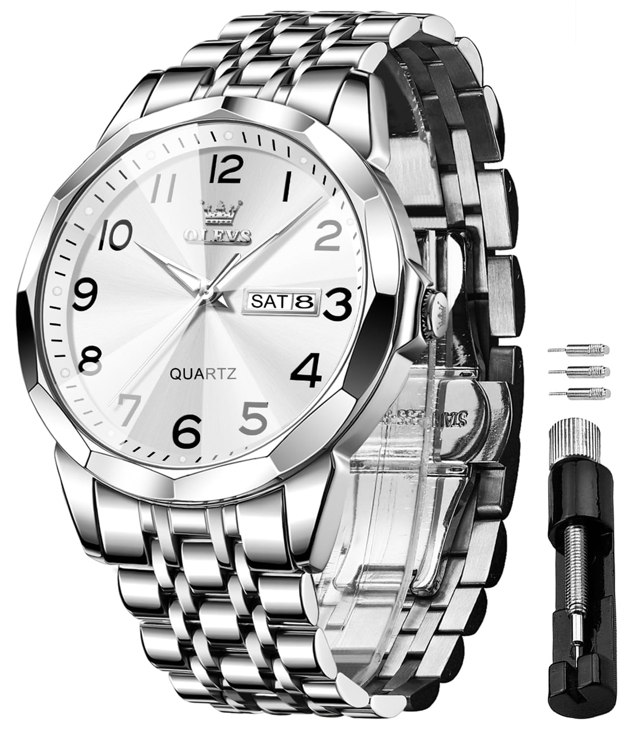 OLEVS Mens Quartz Analog Watch Stainless Steel Waterproof Luminous Date Diamond 