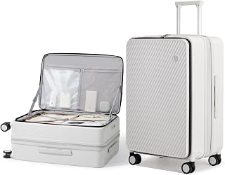 mixi 24 Inch Large Expandable Checked Luggage PC Hard Shell Suitcase Top Opening Rolling Travel Suitcases with Spinner Wheels & TSA Lock, Smoke White