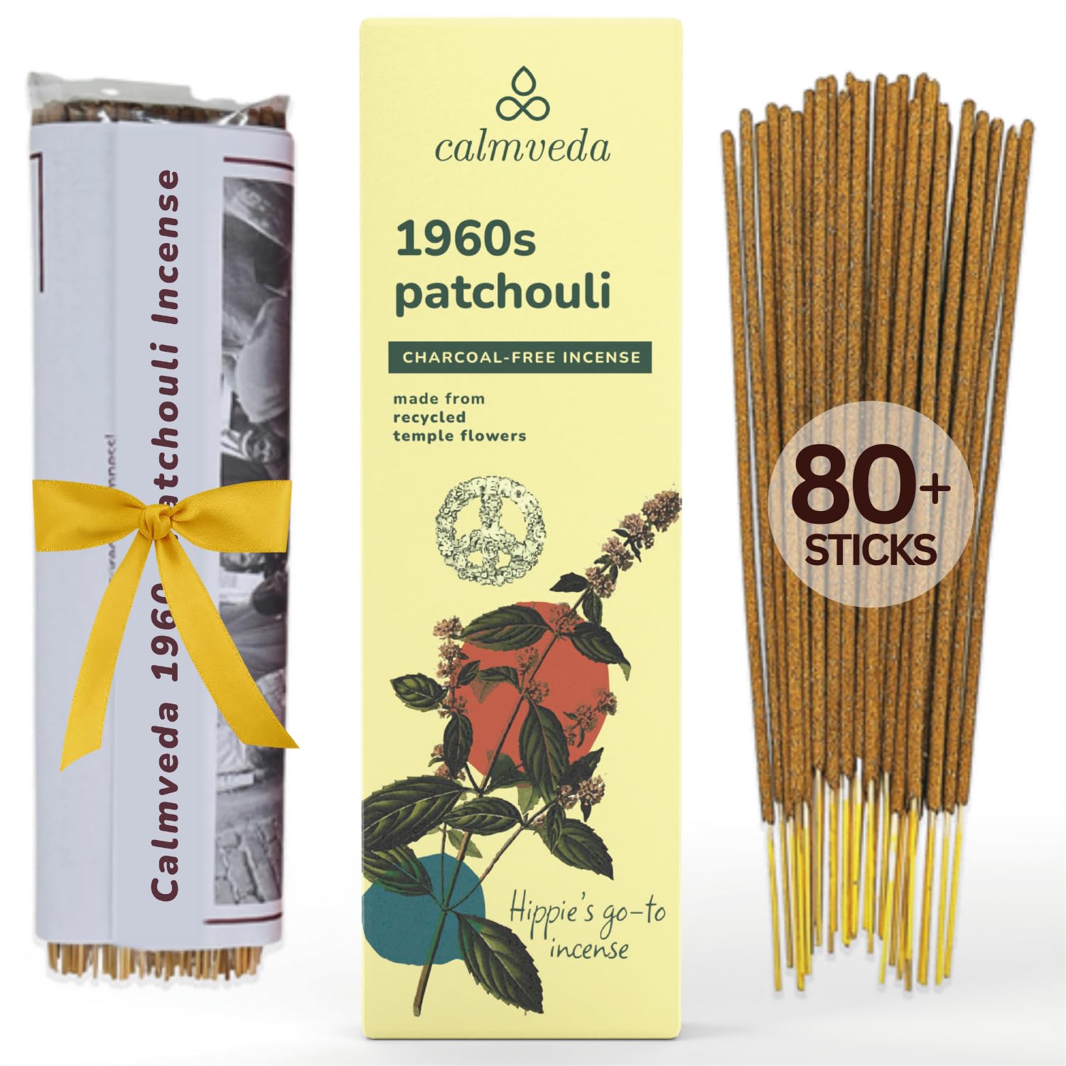 CALMVEDA 1960s Patchouli Incense Sticks - 80 Pack, Deep Earthy Minty Aroma