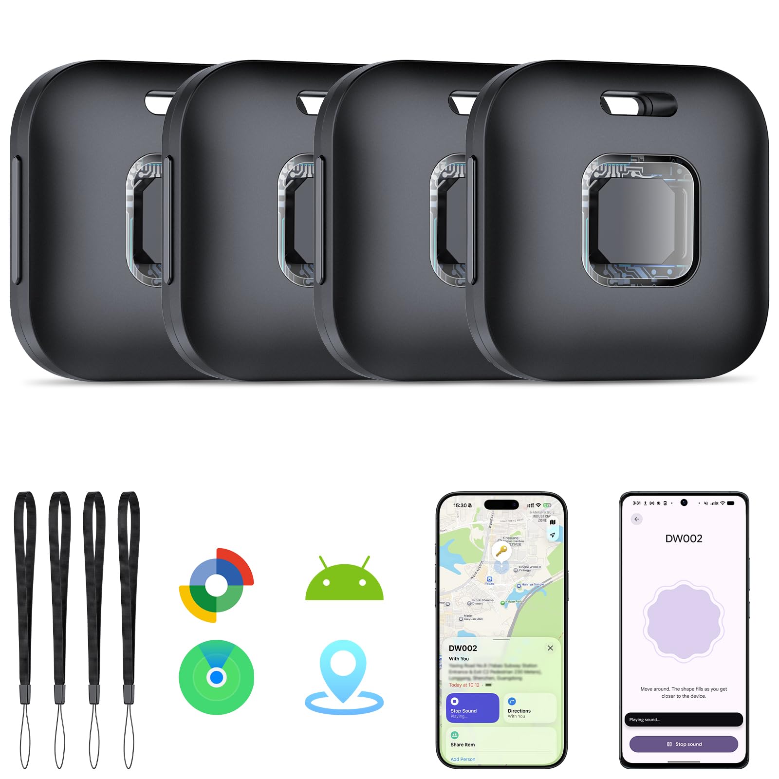 Hoxe Dual Air Tracker Tags-4 Pack for iOS/Android, Luggage Tracker for Keys | Sm