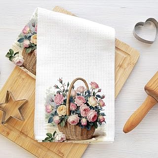 Kitchen Towels with Flower Basket, Tea Towel Soft Absorbent Hand Towel, Art Honeycomb Tea Towels for Kitchen, Bathroom, Living Room, Home, Housewarming Gifts