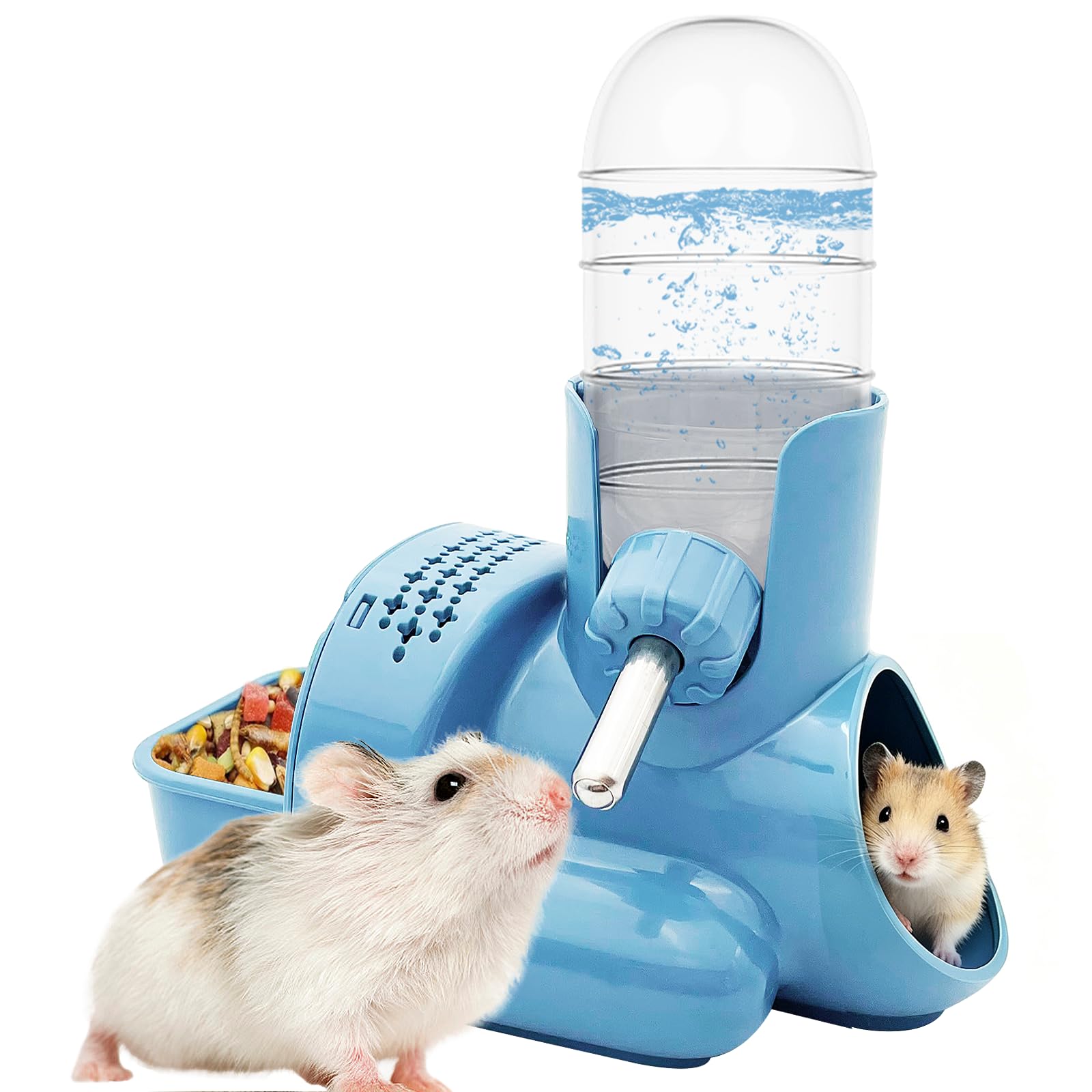 VANNON 3-in-1 Hamster Water Bottle with Food Bowl & Hideout Base, Blue | Feeding