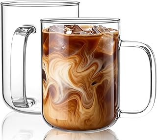 BWODYAY Glass Coffee Mugs, 20 oz Ice coffee cups, Large Clear Tea Cups Set of 2, Glass Mugs with Handles, Glass Cups for Latte, Cappuccino, and Tea