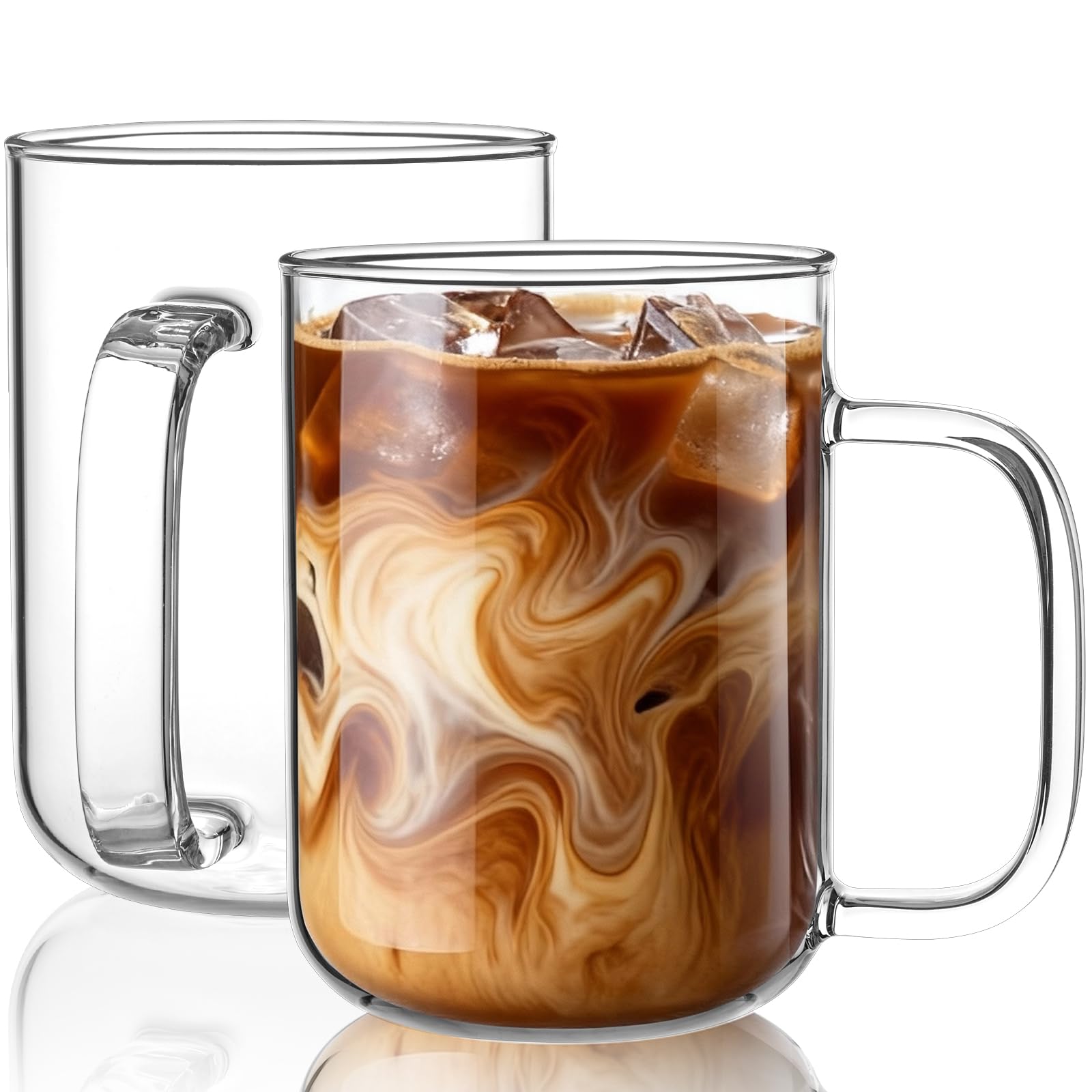 BWODYAY Glass Coffee Mugs, 20 oz Ice coffee cups, Large Clear Tea Cups Set of 2,