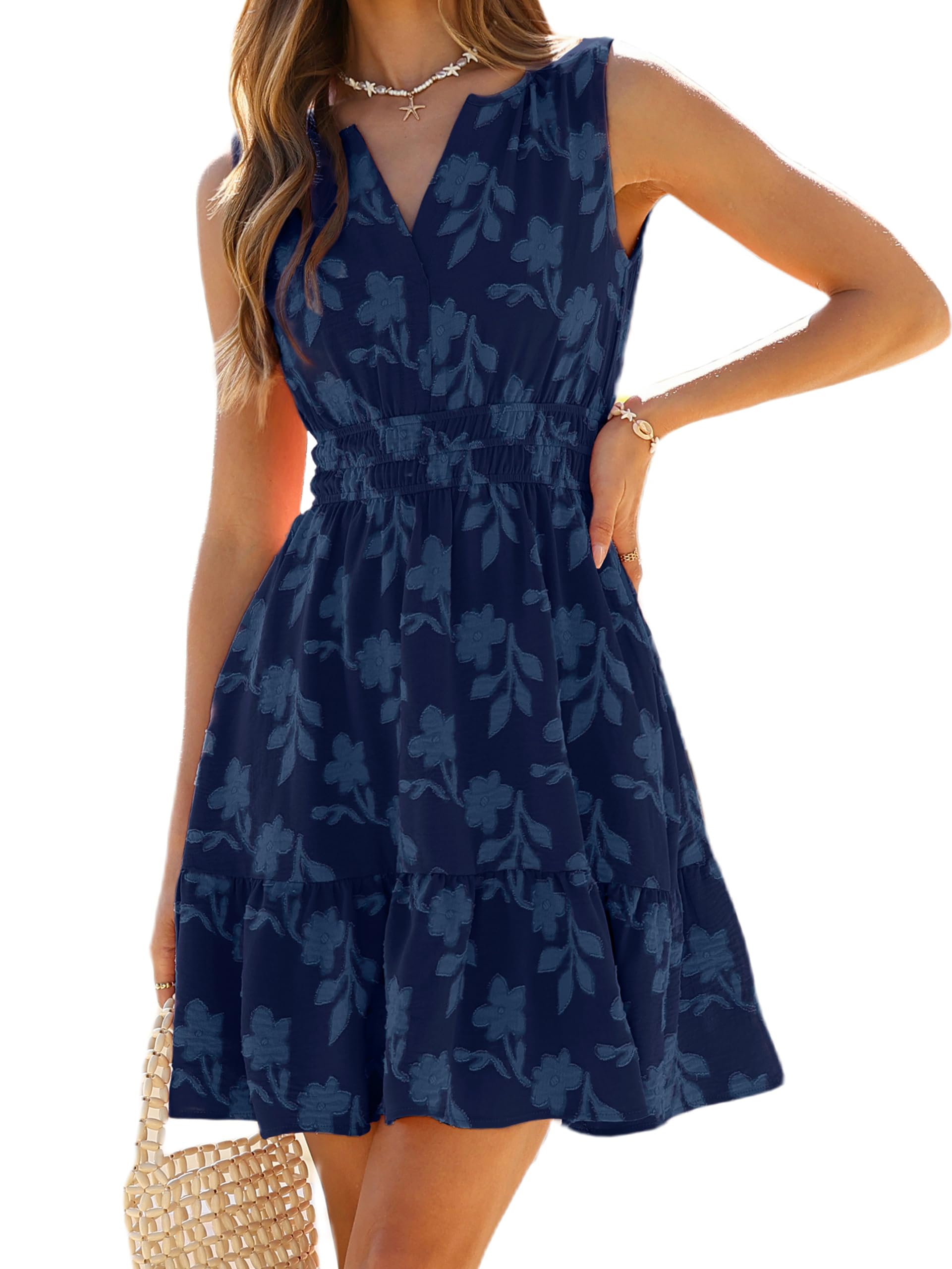 BerryGo Womens Summer Boho Dress Casual Sleeveless V Neck Empire Waist Floral Fl