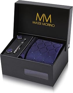 Massi Morino Men's Tie with Pocket Square Set, Including Cufflinks, Tie Clip and Gift Box, Men's Wedding Tie Set