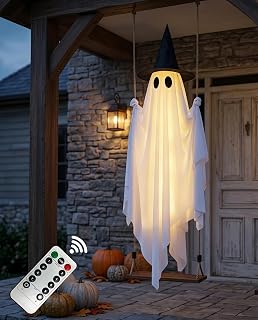 5FT Halloween Swinging Ghost Outdoor Decor,Spooky Hanging Ghost Decorations | 5FT Height, LED Lights & Remote Control, Timer Function, Waterproof, Solid Wood, Rope Adjustable, Porch Yard Lawn Tree Decor
