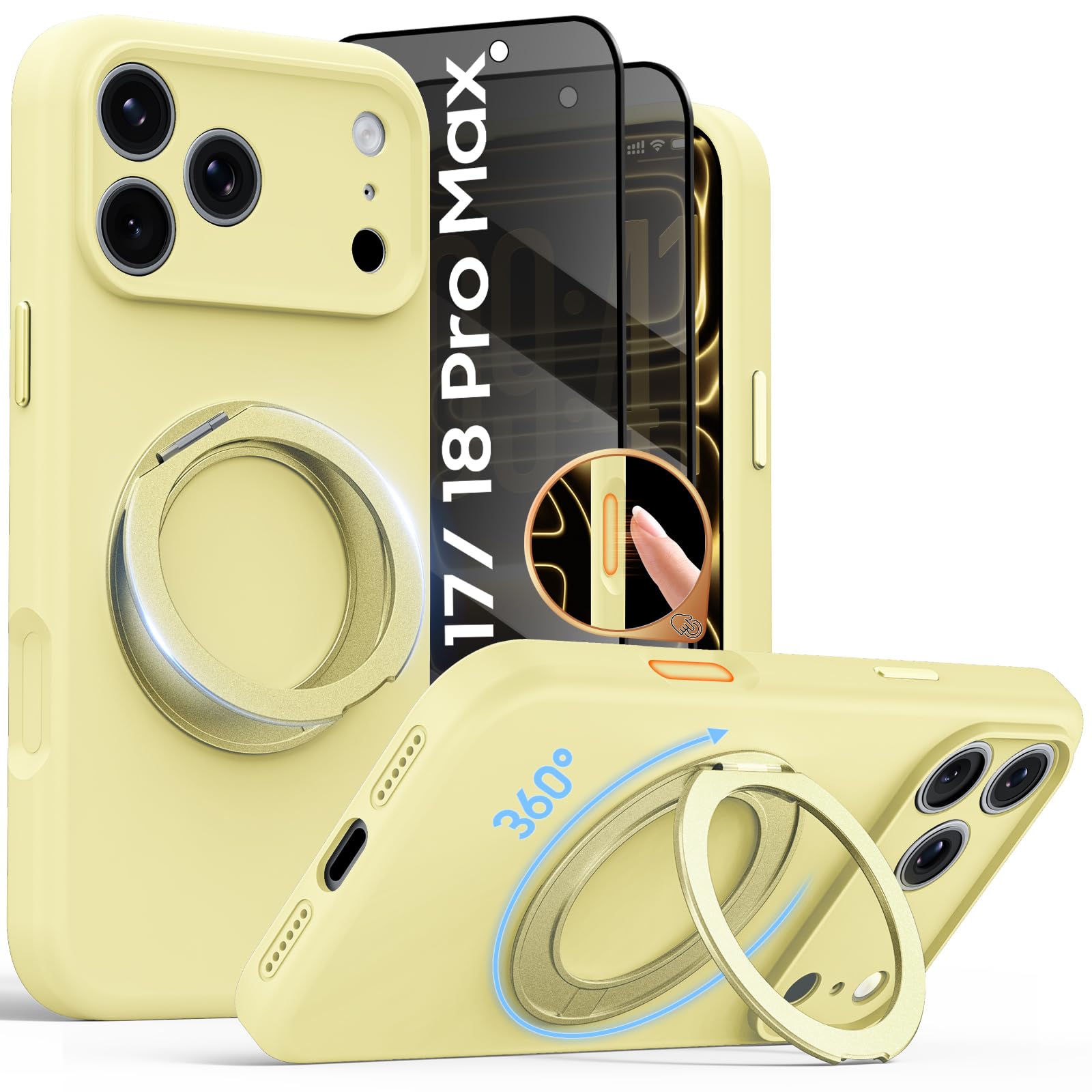 for iPhone 18 Pro Max/ 17 Pro Max Case, Spin Stand, Privacy Screen, Yellow