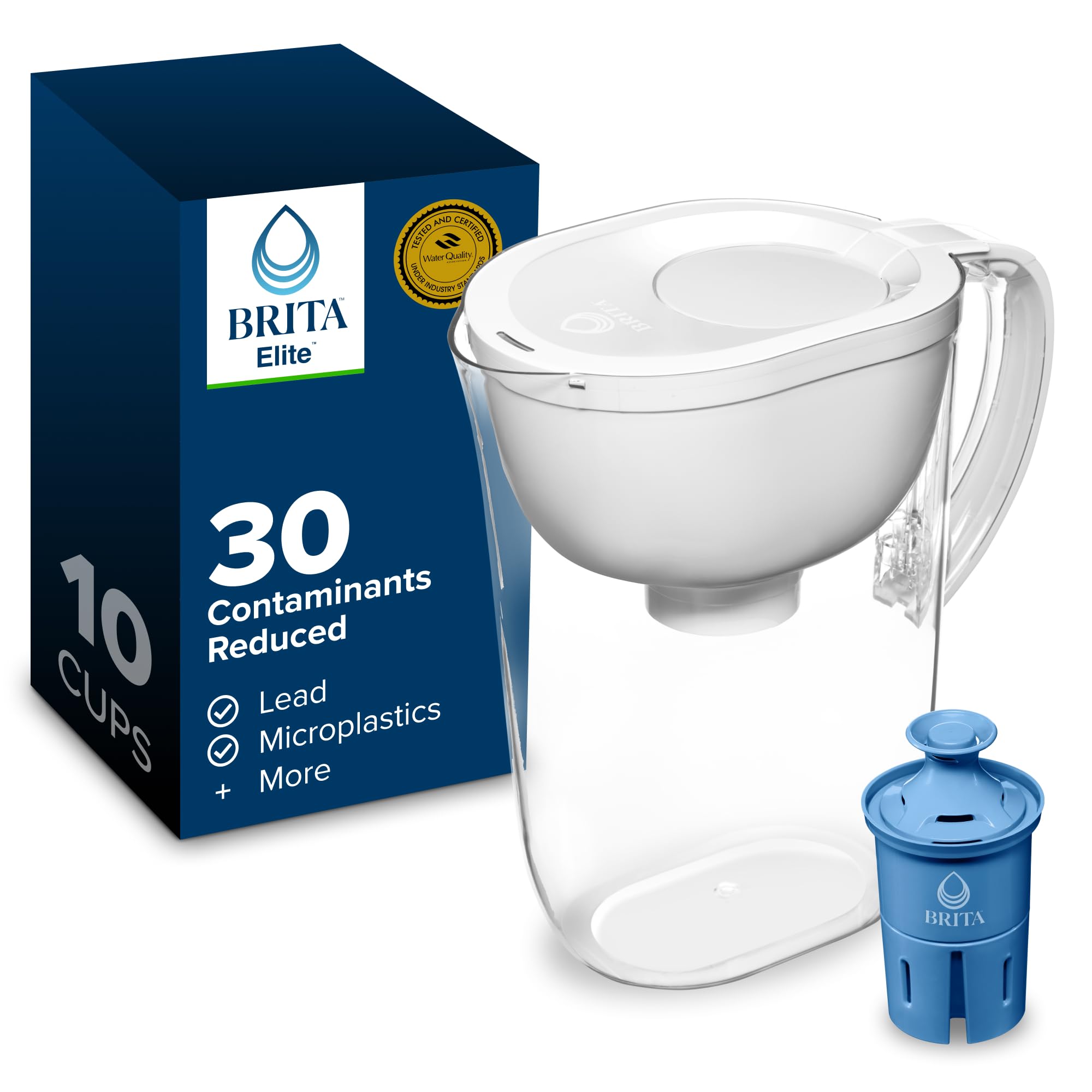 Brita Large 10-Cup Elite Water Filter Pitcher, WQA NSF/ANSI Certified, Reduces 9