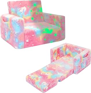 SLIGUY Kids Couch, Fold Out Kids Sofa Chair, Toddler Convertible Sofa to Lounger Pull Out Couch, Glow in The Dark Sofa Chair for Boys and Girls (Pink Unicorn)