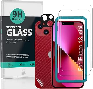 Ibywind Tempered Glass for iPhone 13 Mini (5.4 inches), 2 Pieces, with Metallic Camera Lens Protection, Carbon Fibre Style Skin for the Back, Includes Easy Installation Kit