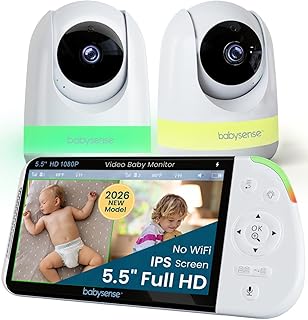 Babysense Full HD Split-Screen Baby Monitor with 2 PTZ Cameras, Two-Way Talk, 6-Color Night Light, 5000mAh Battery, Long Range, 4x Zoom, and Crystal-Clear Audio