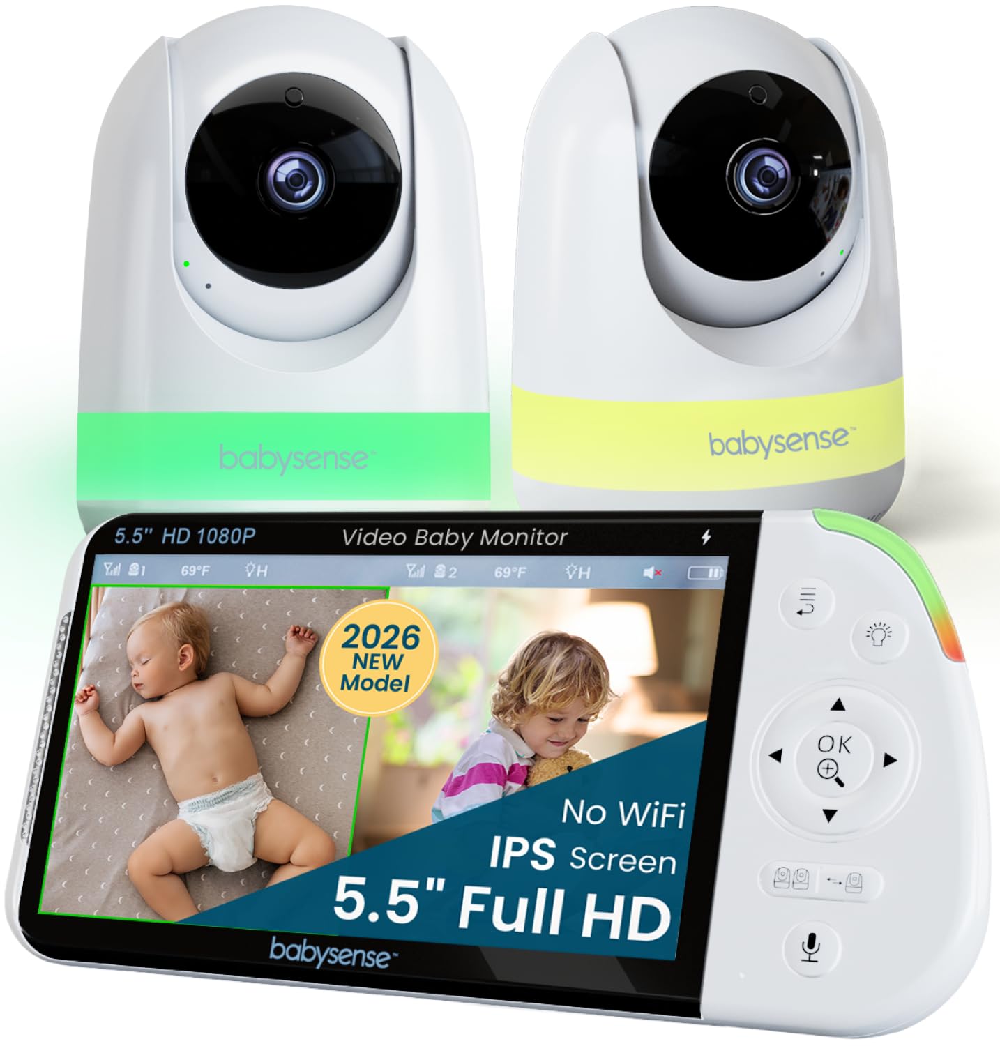 Babysense Full HD Split-Screen Baby Monitor with 2 PTZ Cameras, Two-Way Talk, 6-