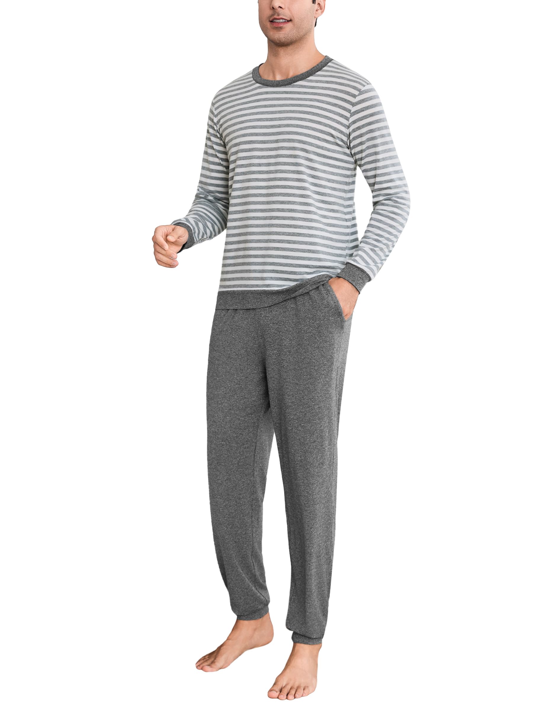 Bresdk Men's Pyjamas Winter Cotton Long Pyjamas Sets Warm Long Sleeve Stripe Sle