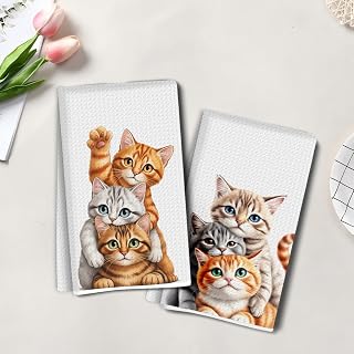 Cute Cat Artistic Kitchen Towel, Super Absorbent Tea Hand Towel, Dish Drying Microfiber Cloth, Waffle Dish Towel for Kitchen Bathroom, 2 Gift for Cat Lovers