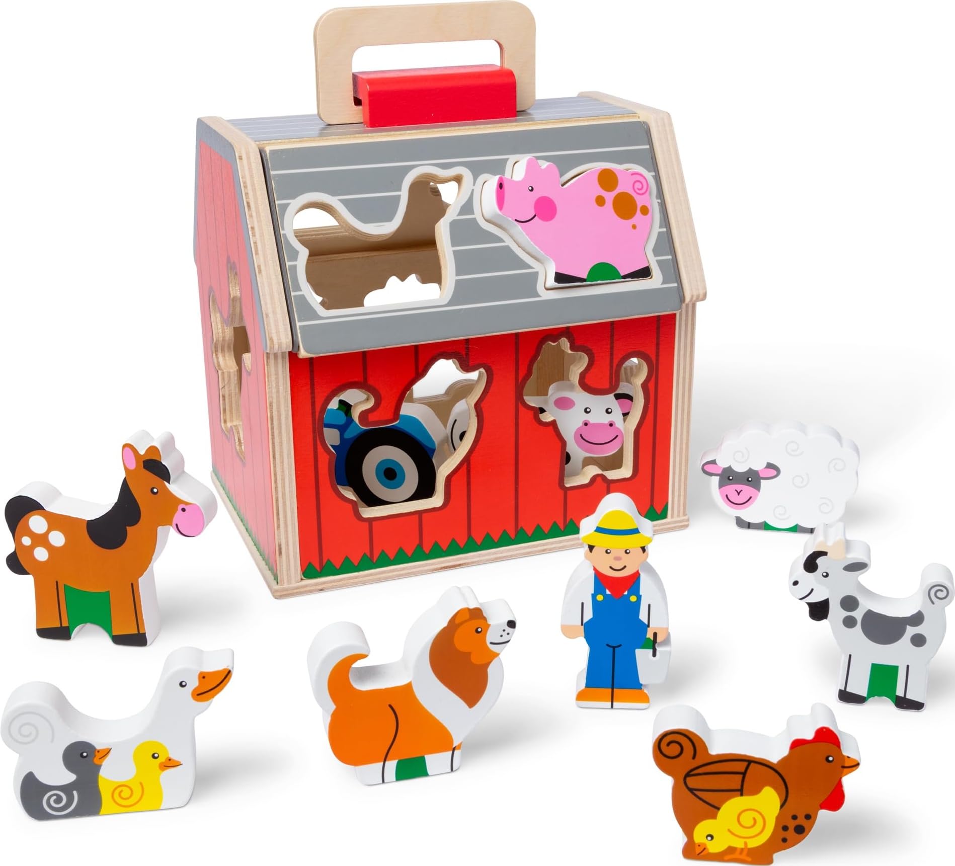 Melissa & Doug Take-Along Wooden Toy Barn, 11-Pc Portable Toddler Playset with F