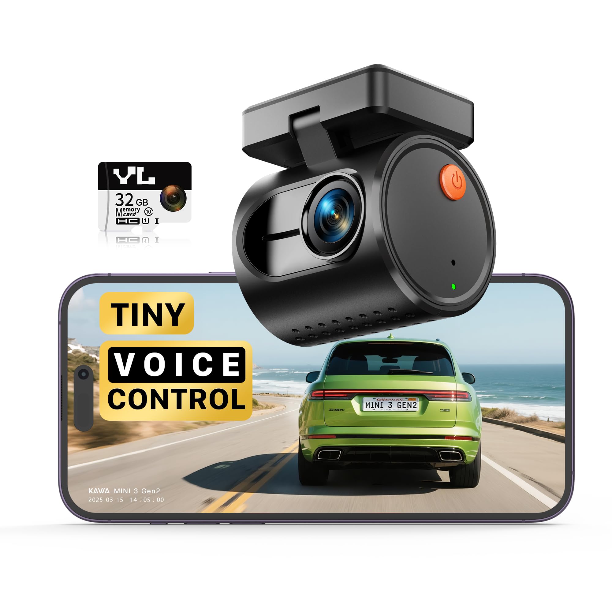 KAWA Tiny Dash Cam, Voice Control & WiFi 2K Mini Camera for Car | 1296P QHD, G-S