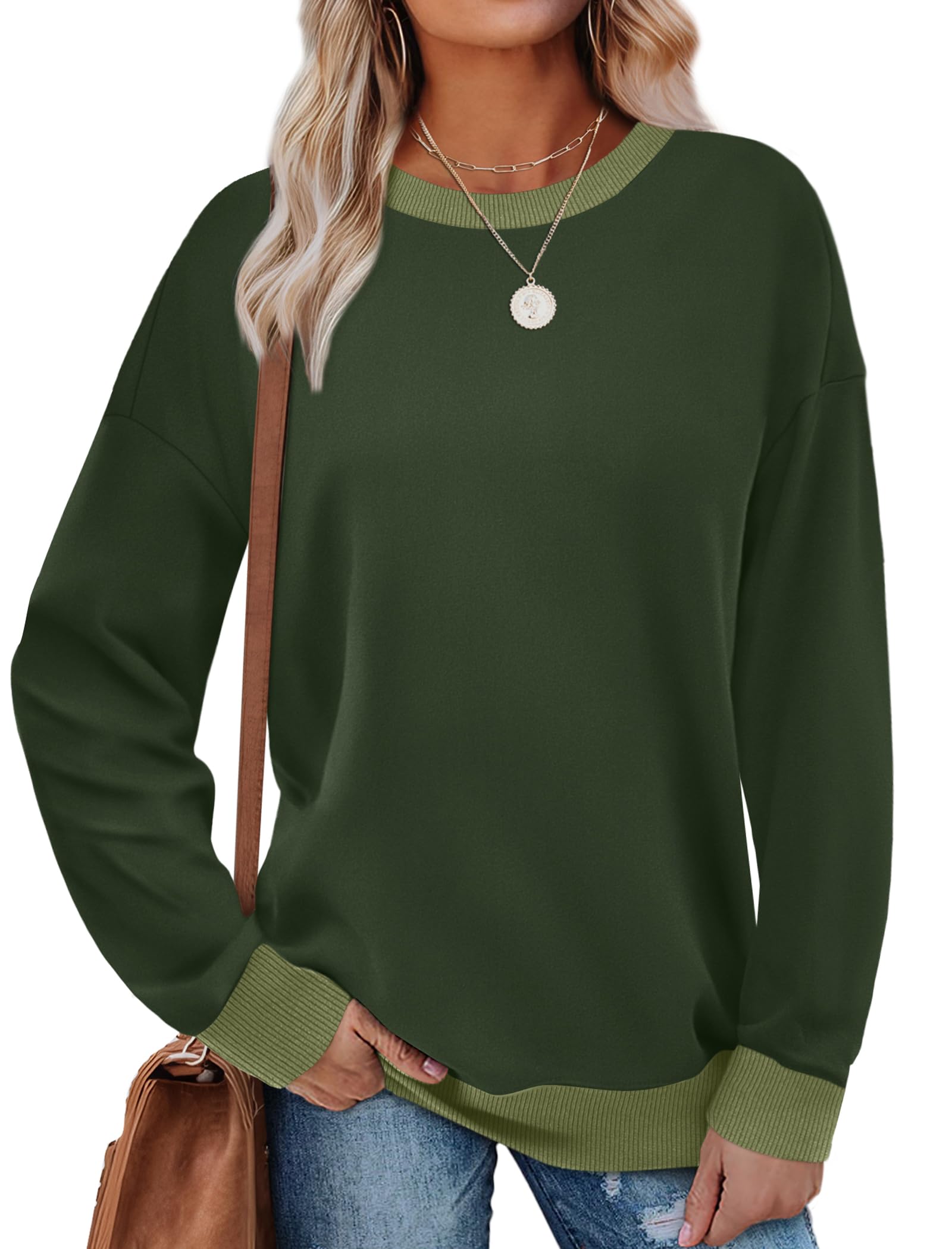 Saloogoe 2025 Fashion Round Neck Long Sleeve Loose Fit Color Block Ribbed Trim W