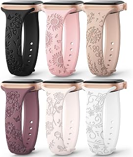 AMSKY Lot de 6 bracelets fins gravés à motif floral compatible avec Apple Watch 40 mm, 41 mm, 42 mm, 38 mm, 44 mm, 45 mm, 46 mm, 49 mm pour femme, joli bracelet de sport en silicone pour iWatch Series