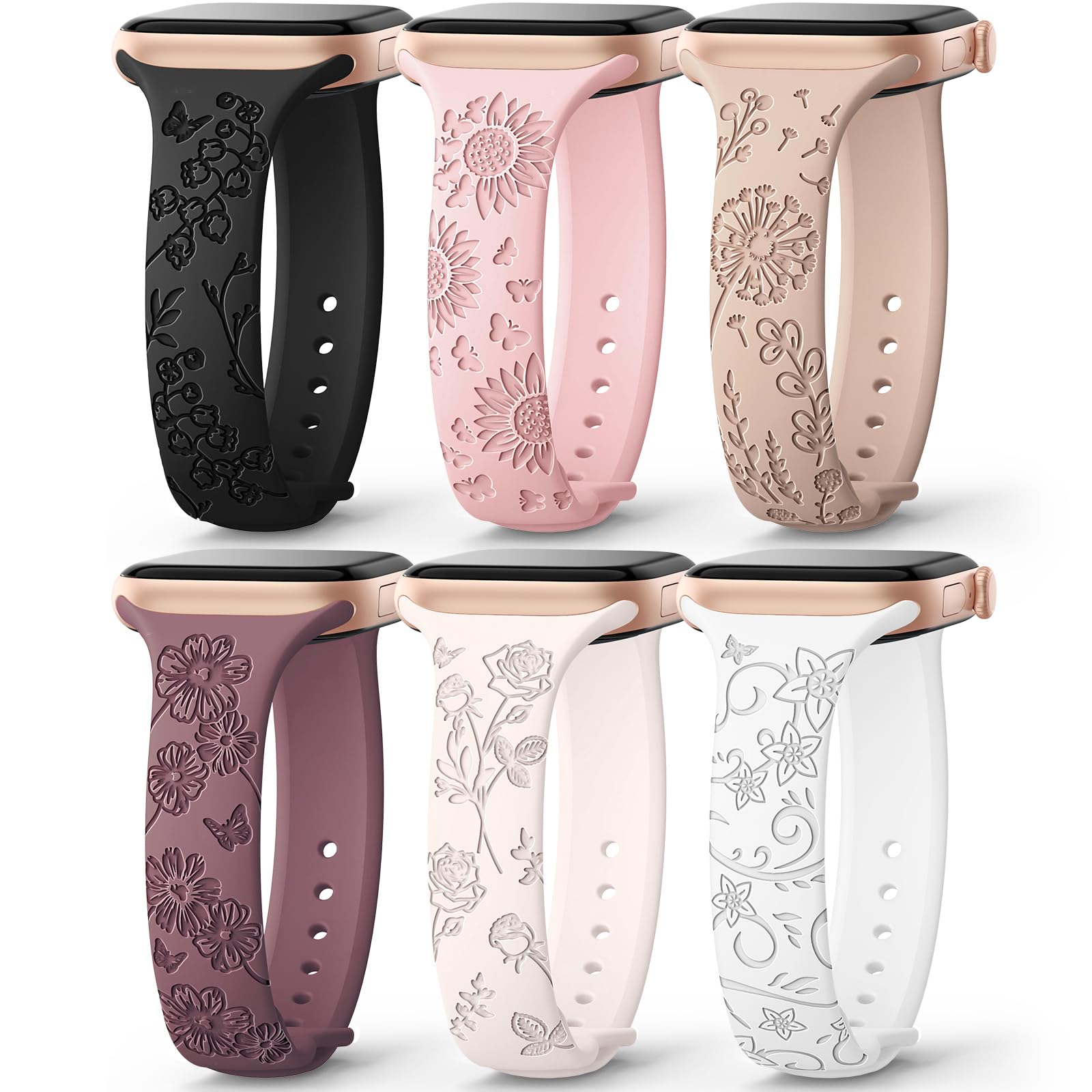 AMSKY Lot de 6 bracelets fins gravés à motif floral compatible avec Apple Watch 
