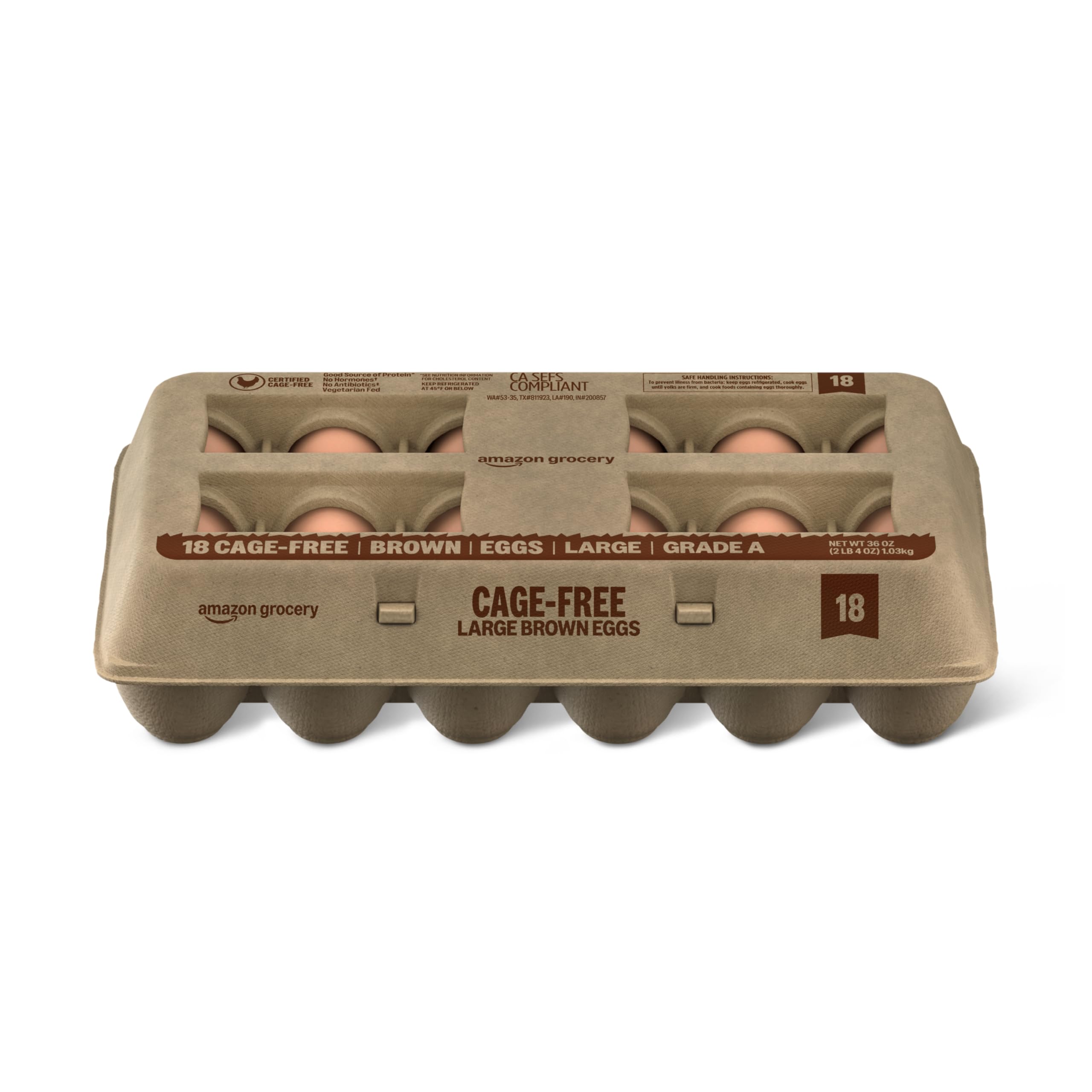Amazon Grocery, Cage Free Large Brown Eggs, Grade A, 18 Ct