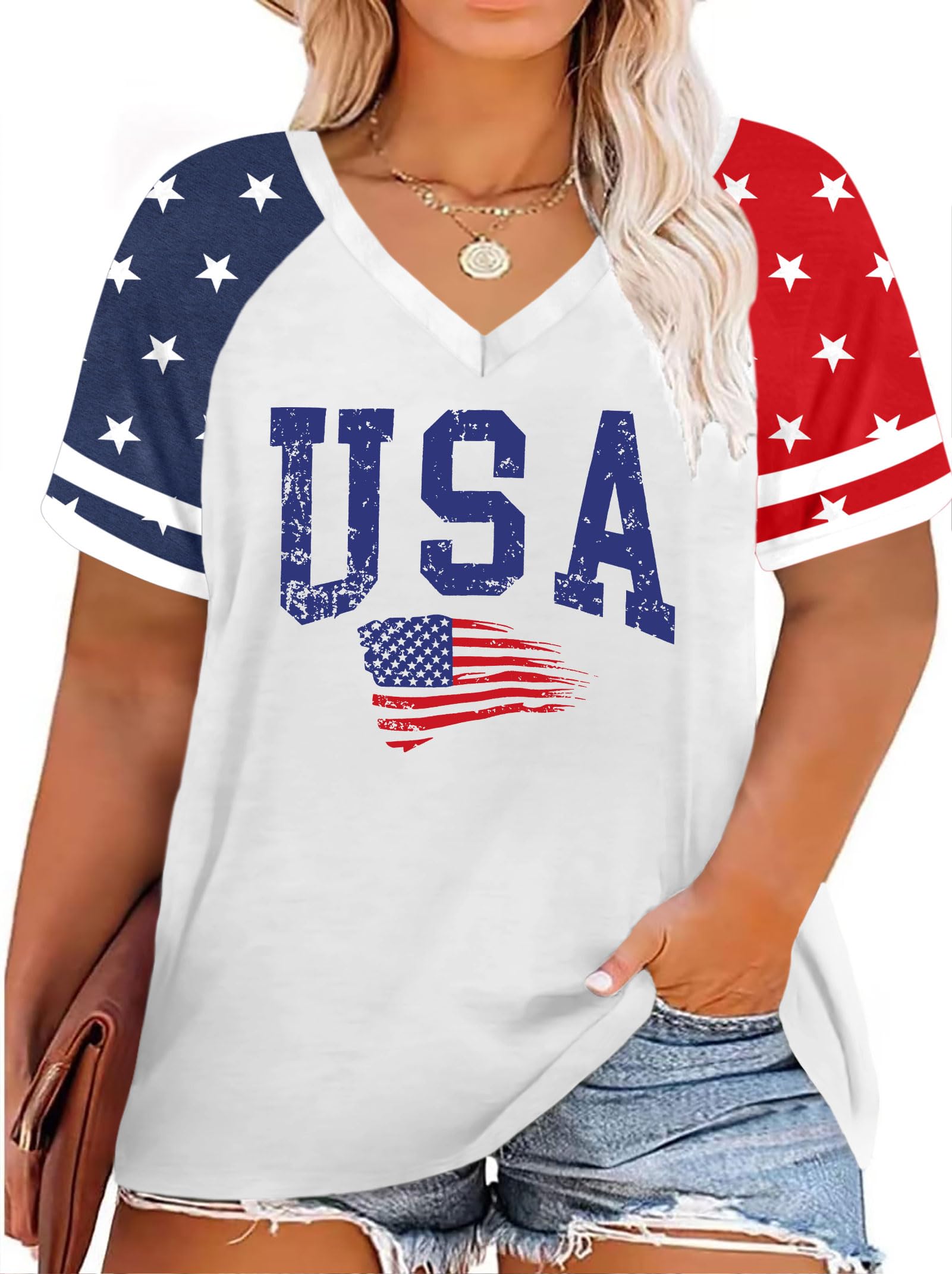 Plus Size Tops American Flag Shirts Womens V Neck Patriotic Tshirt USA Graphic T