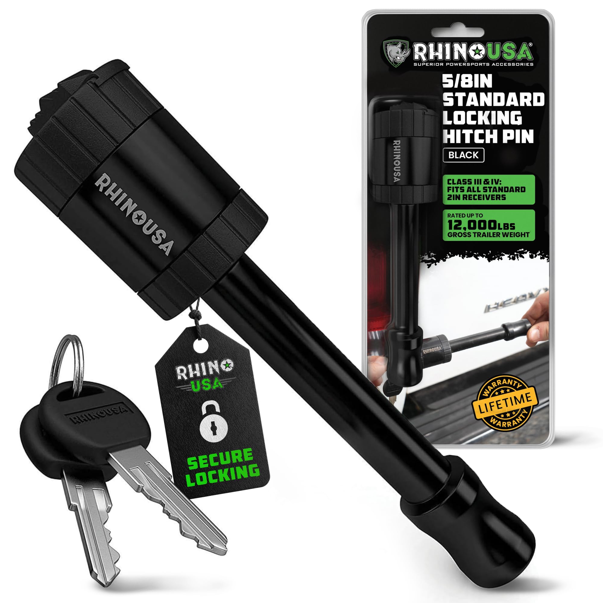 Rhino USA 2in Trailer Hitch Pin - Patented Locking Receiver Pin | Weatherproof, 