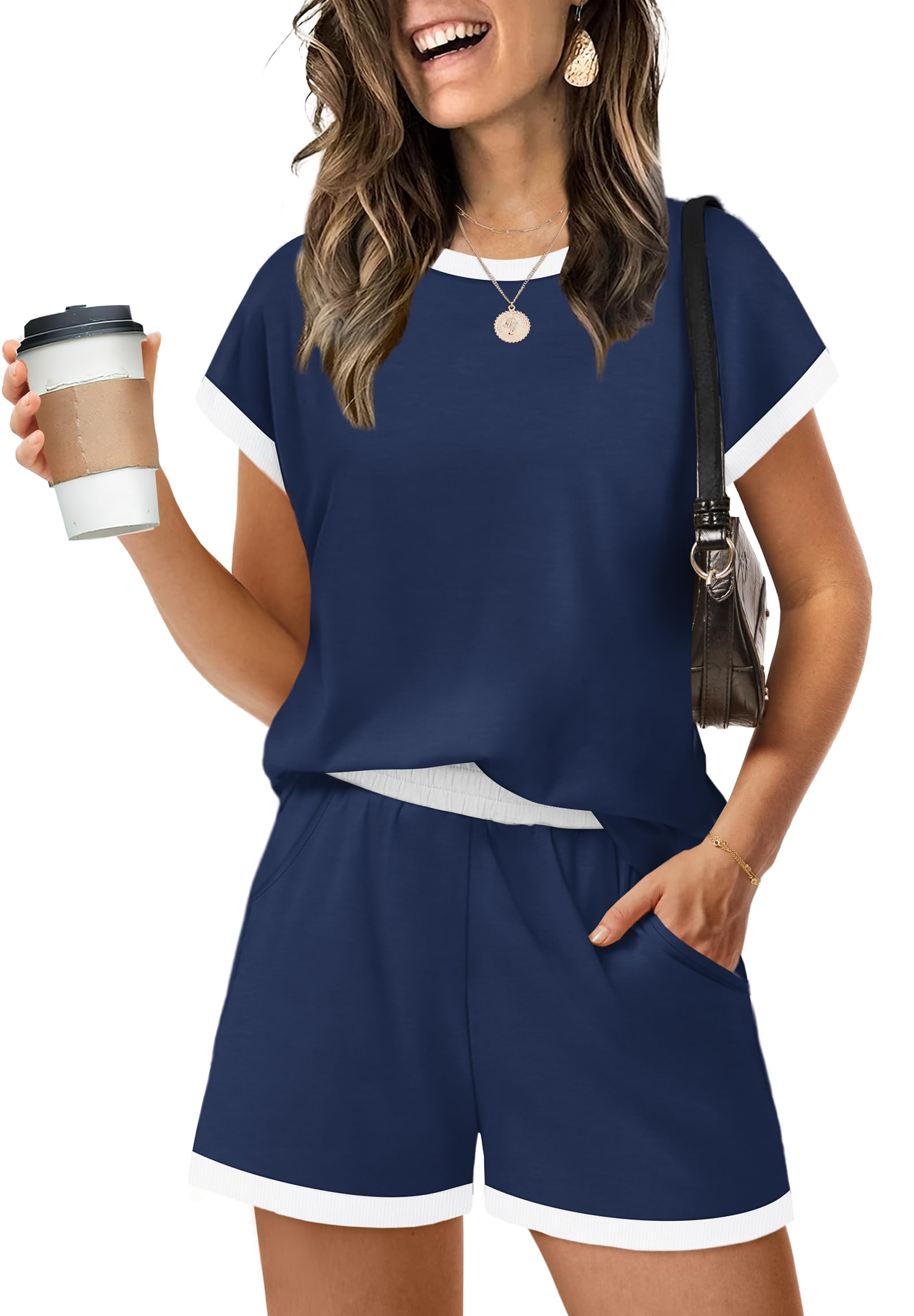 WIHOLL Two Piece Sets for Women Summer Lounge Short Sets Cap Sleeve Crew Neck Sw
