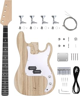 Fistrock DIY Bass Guitar Kit PB Bass Style Paulownia Body Hard Maple Neck | Engineered Wood Fretboard, 4 String Right Handed, Unfinished Beginner Kit, Chrome Hardware, Build Your Own Bass Guitar