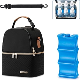 Breastmilk Cooler Bag with Ice Pack Fits 6 Baby Bottles Up to 9 Ounce,Breast Pump Bag with Shoulder Strap Double Layers Cooling Bag for Nursing Mom Daycare, Outdoor,Work-Black