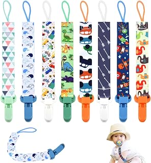 8Pcs Dummy Clip Boys, Baby Pacifier Holders Soother Clips Chain Personalised Dummy Clips for Boys Silicone Ring Adapter for All Dummies Soothers Newborn Essentials