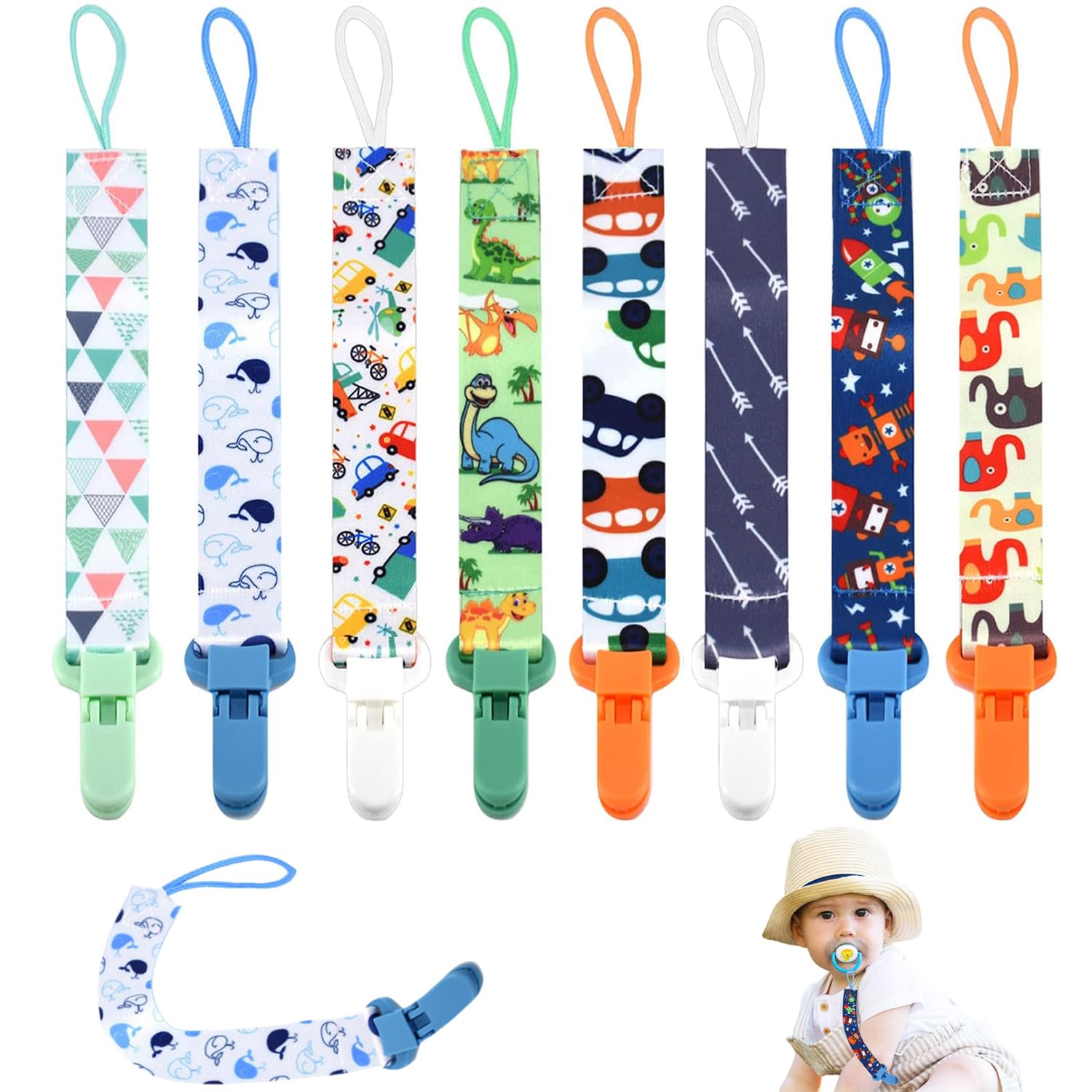 8Pcs Dummy Clip Boys, Baby Pacifier Holders Soother Clips Chain Personalised Dum