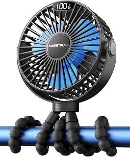 SWEETFULL 4000mAh Portable Stroller Fan with LED Display, 4 Speed Rechargeable Mini Clip On Fan, 360° Rotate Flexible Tripod Better Cooling Small Baby Fan for Car Seat Crib Travel Treadmill