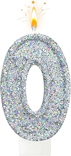 Silver Number 0 Birthday Candle, Glitter Sparkle Cake Topper Decoration, Reflective Shiny Party Candle for Birthday Celebration